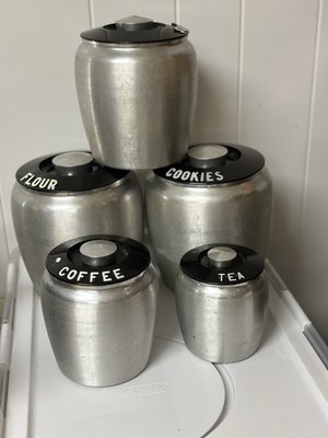 Vintage 1950s Kromex Spun Aluminum  5 Piece Canister  SetBlack Lid MCM