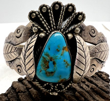 Vintage Southwestern TURQUOISE STONE CUFF bracelet 6.75" 35g sterling silver