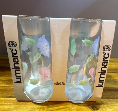 NIB Luminarc 16 oz Floral Decorated Clear Glass Tumblers Set of 2 Service for 2