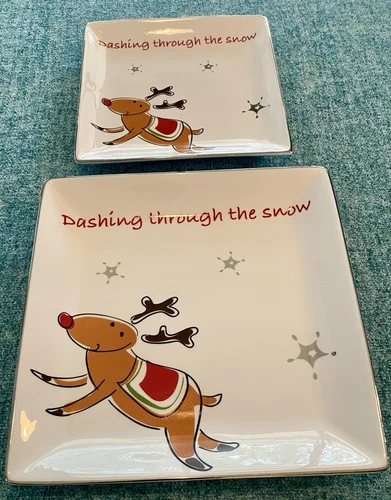 Square REINDEER Serving Plate Set Studio JCP Porcelain Silver Trim