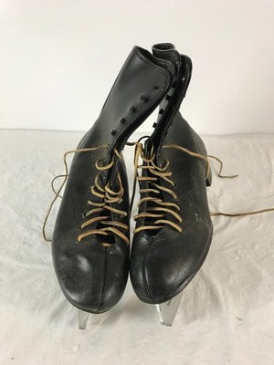 vintage Blue Ice Skating Black Figure Skates Size 8 Tempered Steel Made in Japan