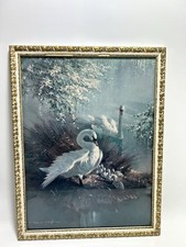 Vintage Vernon Ward Swan Print : Mid Century : Framed Maternal Wing Picture 17”