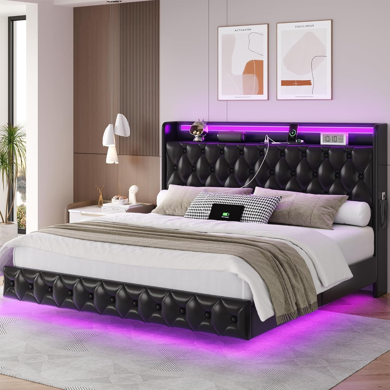 With Led Lights Usb Upholstered Platform Bed