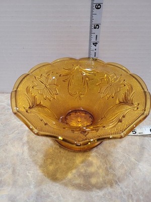 Vintage Indiana Tiara Amber Footed Candy Dish Scalloped Rim Crimped Edge