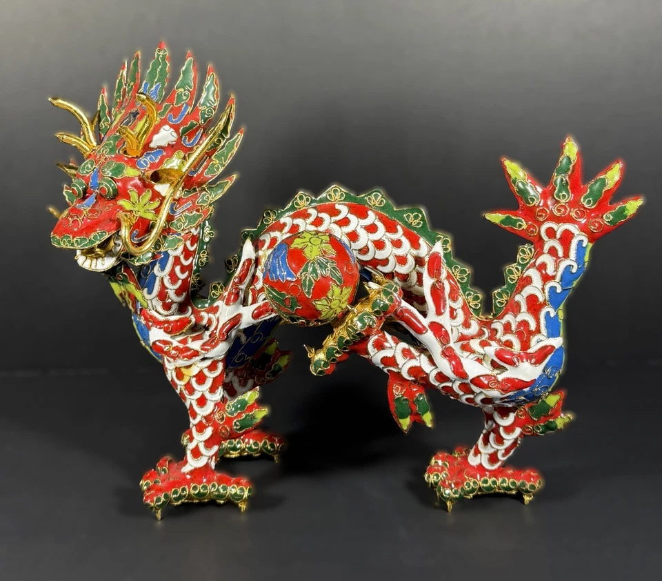 Chinese Cloisonné Dragon Statue – Handmade Enamel – 10” Long, Vintage Decorative - Image 2 of 4