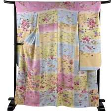Furisode Silk Kimono M Yellow Floral Design Used
