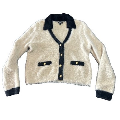 Express Tipped Faux Fur Novelty 4 Button  Cardigan Cream Black Trim Sz M