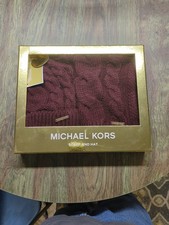 Michael Kors Women's Cable Knit Cuff Beanie Hat Scarf BURGUNDY GIFT BOX