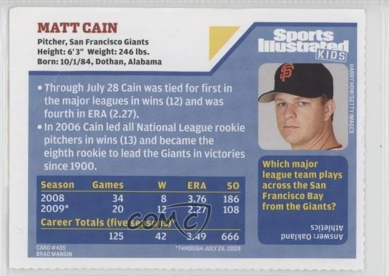 2009 Sports Illustrated for Kids Series 4 Matt Cain #405 - Image 2 of 2