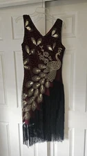 BABEYOND Peacock Sequin Fringe 20s Shift Dress Burgundy Gold Black Sleeveless
