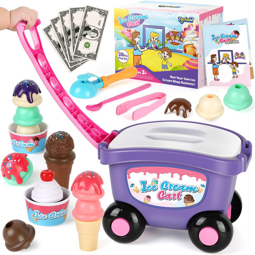 Ice Cream Cart for Toys, Pretend Play Food Toys Ice Cream Counter Play Set Sc...