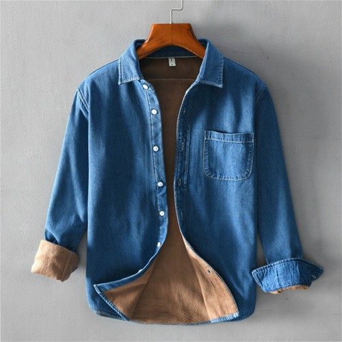 Men Fleece Lined Denim Shirt Warm Blue Jeans Jacket Regular Collared Tops Casual - Picture 1 of 9