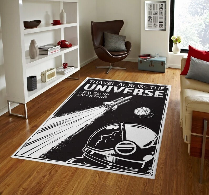 Universe Black & White Astronaut Theme Space Rug for Home Decor