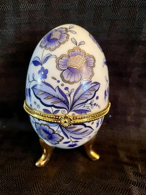IMPERIAL EGG SHAPED PORCELAIN CERAMIC JEWELRY TRINKET BOX/HINGED Gold Band Trim