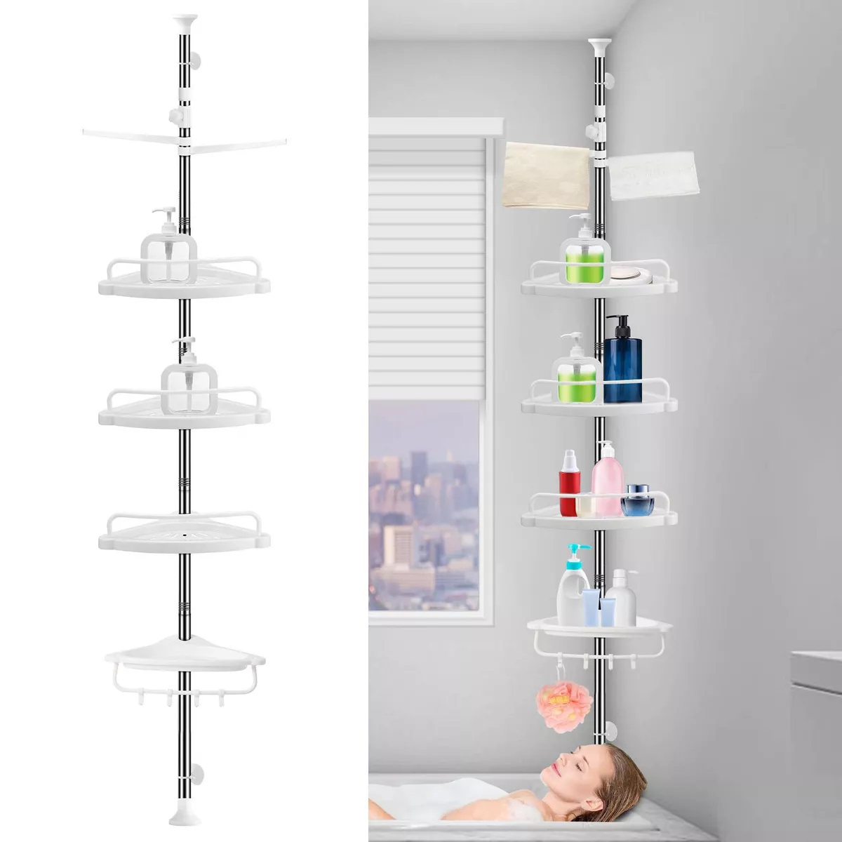 4 Tier Shower Caddy Tension Pole Corner Shelf Rack Bathtub Organizer Shower  Rod