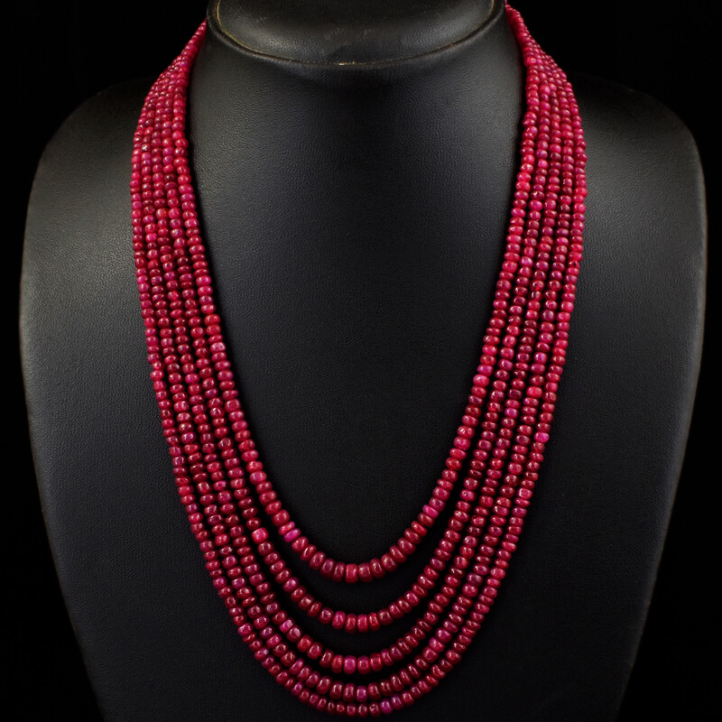 ★HAS★ HU003 Red beads ball necklace 415.00 Cts Earth Mined 5 Strand Red Ruby Round Shape Beads
