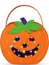 Halloween Bucket Light Up Pumpkin Trick or Treat Pail Felt Jack O Lantern NEW