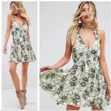 $98 Free People Washed Ashore Floral Racerback Mini Dress Ivory Green Yellow L