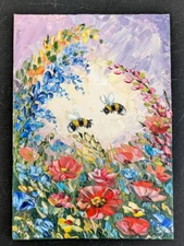 ORIGINAL OIL  impasto Painting "Bumblebees &  Flowers" 7"x 5" by Olga Diduh.