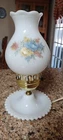 VINTAGE MILK GLASS HURRICANE LAMP WITH FLORAL SHADE