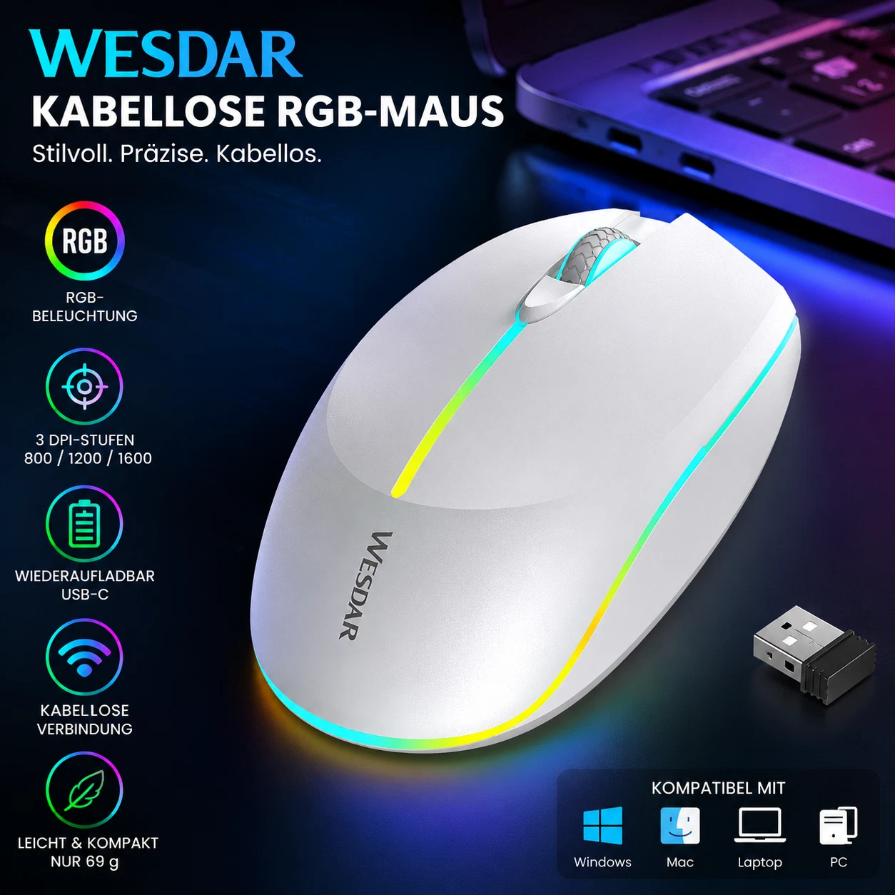 Kabellose Maus Weiß RGB Beleuchtung USB-C Akku 800–1600 DPI