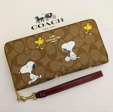 COACH x PEANUTS Long Zip around Wallet Snoopy Woodstock Khaki Signature F/S