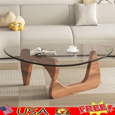 Oval Tempered Glass Coffee Table Solid Wood Base Easy Assembly Living Room Decor