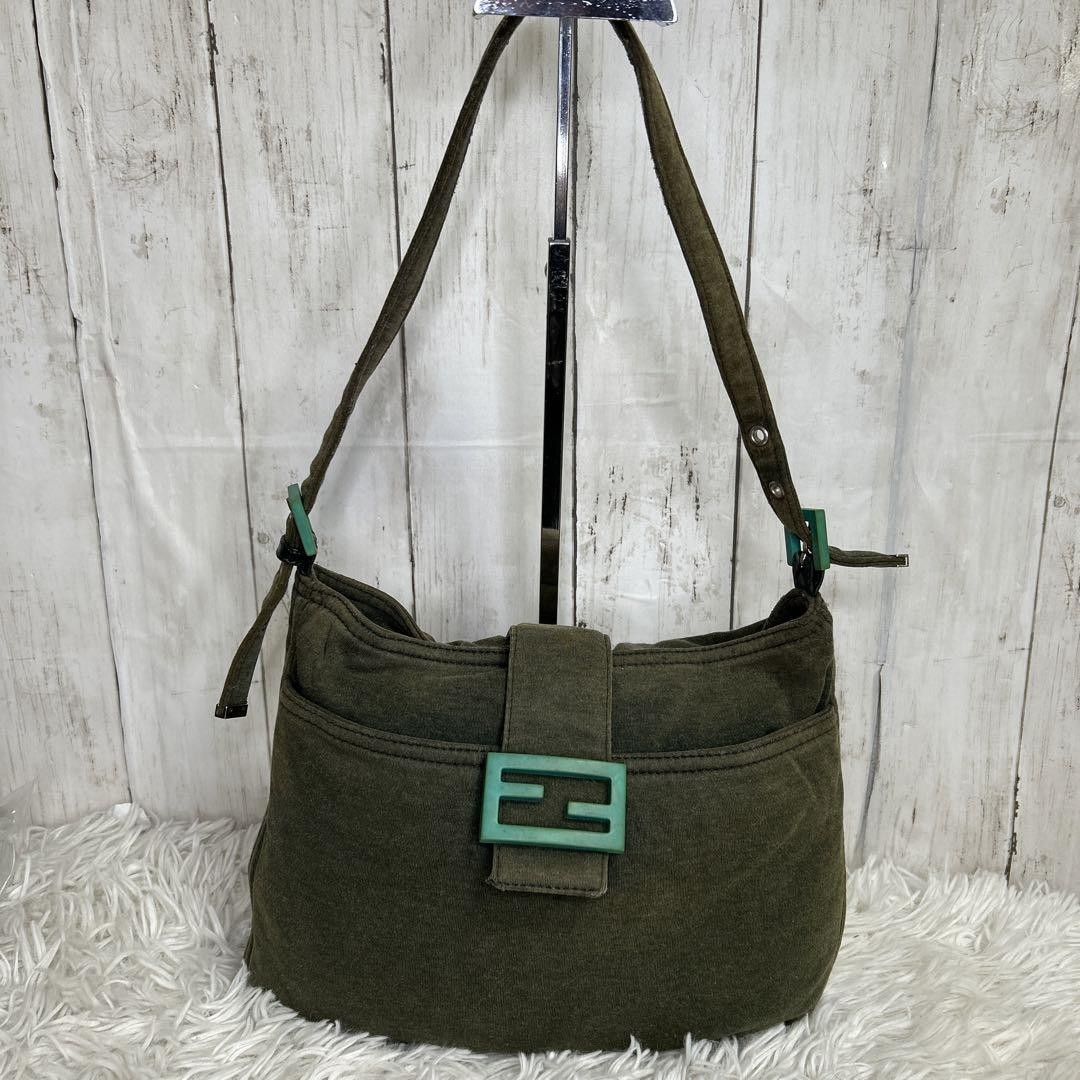 Fendi Mamma Cotton Jersey One Shoulder Bag in Khaki Green with Logo