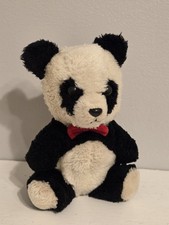 Vintage Dakin 1981 Stuffed Panda Plush Animal Shell Filled Red Bowtie 9"
