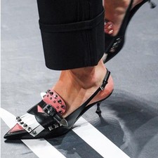 PRADA Black, Pink, White Leather, Fringe Studded Slingback Pumps, Size 38.5