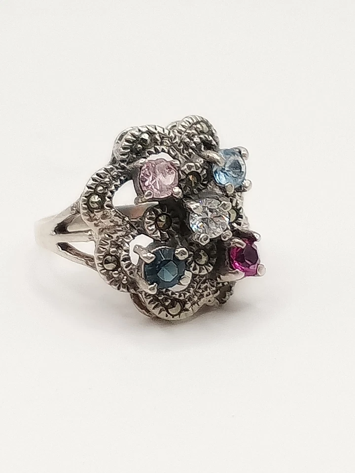 Anello Donna Vintage Argento 925 Fiore Zirconi Multicolore Misura 19 - Immagine 2 di 4