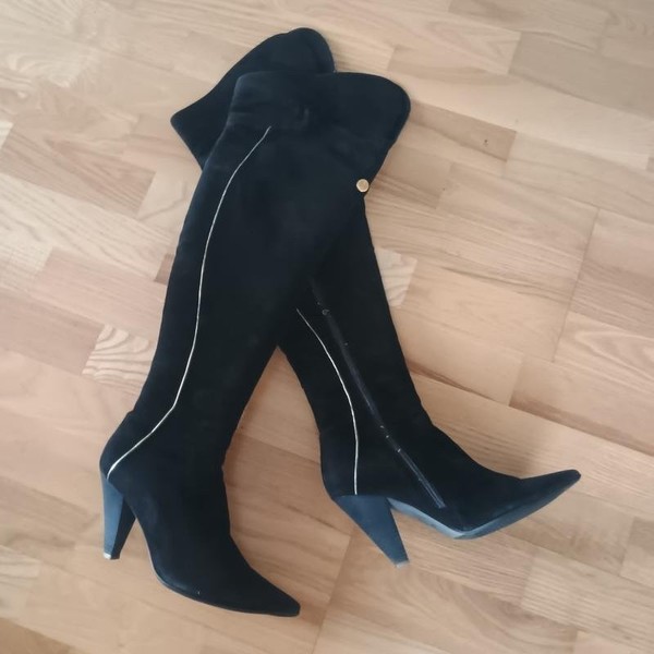 Women Luciano Carvari Knee-High Boots Black Suede #45BJ