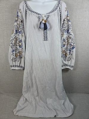 J Jill Ocean Breeze Embroidered Tassel Tie Blue Stripe Shift Dress XL TALL Boho