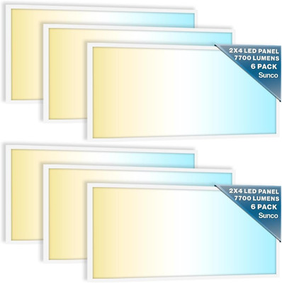 Sunco 6 Pack 2X4 LED Flat Panel Light Drop Ceiling Office Fixture, 7700 LM, Sele