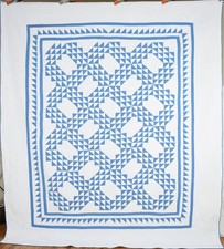 OUTSTANDING Vintage 30's Blue White Ocean Waves Antique Quilt DENSE QUILTING