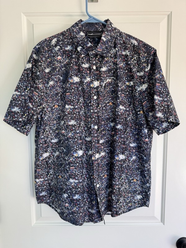 The Hundreds Mens XL Short Sleeve Button Down Gray Blue Japan Scene- EUC