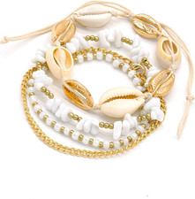 Shell Ankle Bracelet Set for Women, Gold Plated Boho Bead Adjustable Anklet, Haw