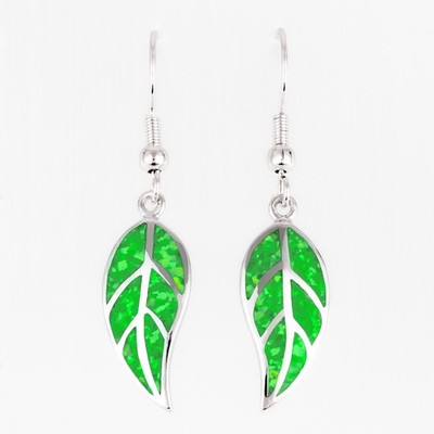 Nature Leaf Shape Kiwi Green Fire Opal Silver Jewelry Dangle Drop Earrings
