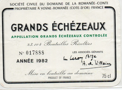 ETIKETT GRAND ECHEZEAUX 1982 NR. 17888 DOMAIN ROMANEE CONTI §04/07/25 §