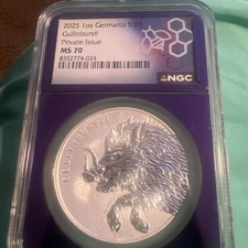 2025 1oz Germania Gullinbursti NGC MS70 .9999 Silver Purple Core Private Issue!
