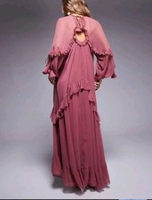 ASOS DESIGN Bohemian Beaded Ruffle Maxi Dress with Tassels in berry pink Sz6