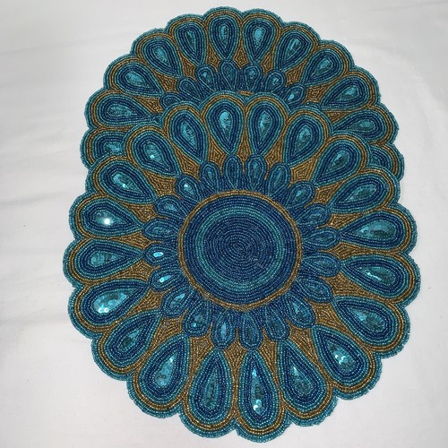 WORLD TRAVELER India - Beaded TEAL and GOLD 15" Placemats Chargers Lot of 2 NEW