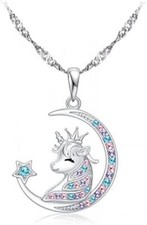 Sterling Silver Crescent Moon Star Unicorn Necklace CZ Little Girl Jewelry Gifts