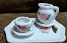 VTG 5 Piece Miniature White Tea Set Floral Tea Pot Cup Tray Plates Pink Flowers