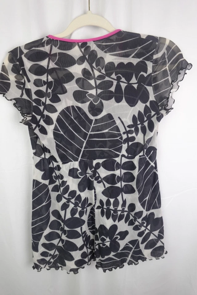 Top Harold's Sheer Floral Hojas Negro Blanco Rosa Cintura Imperio XS Foto 3 de 4