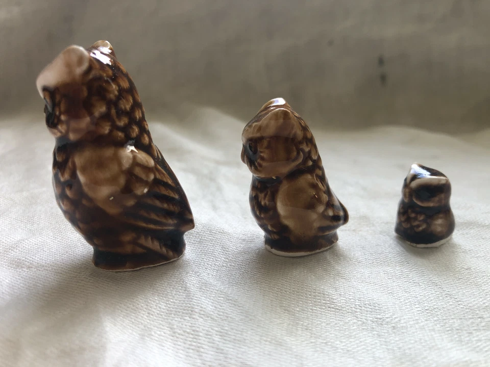 Vintage Lot of 3 Miniature Ceramic Japan Owl Family Figurines  - Image 2 of 4