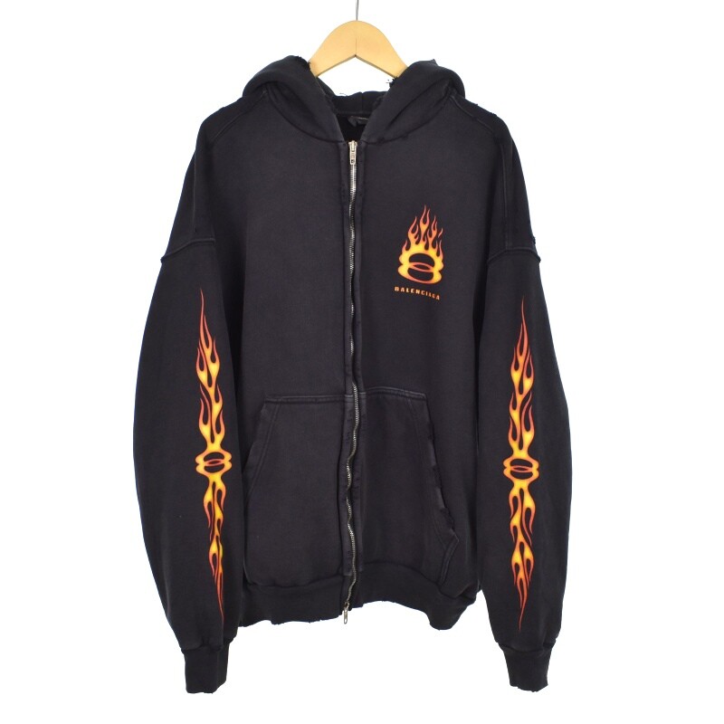 BALENCIAGA 24SS Burning Unity Zip-up Hoodie Distressed Black