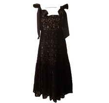 Farm Rio Black Velvet Lace Maxi Dress XS Bow Straps Romantic Whimsical Gala