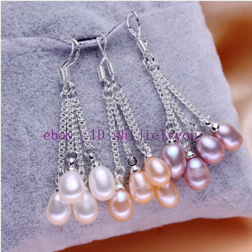 3Pairs Fashion 7-8mm Natural Pearl Dangle Drop 925 Sterling Silver Hook Earrings - Picture 3 of 4