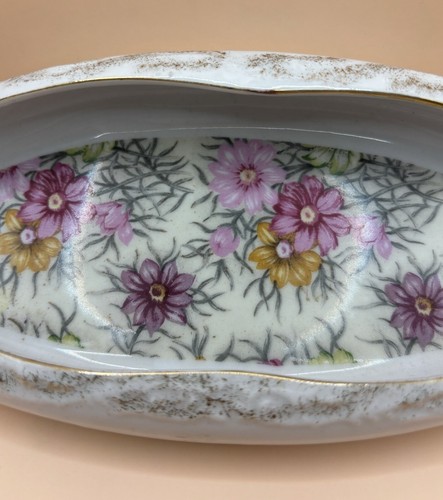 Piatto Vanity Ovale Vintage Porcellana Bianca Trasferimento Chintz Bordo Oro - Foto 4 di 11